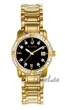 Bulova Marine Star Ladies Diamond Gold Tone Black Dial