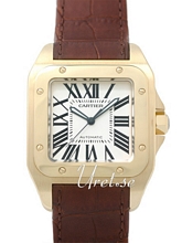 Cartier Santos 100 Silver Dial Yellow Gold Leather XL