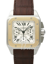 Cartier Santos 100 Silver Dial Steel/Yellow Gold Leather XL Chro