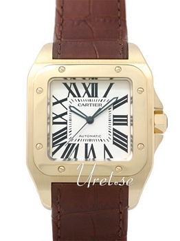 Cartier Santos 100 Silver Dial Yellow Gold Leather XL Cartier Santos 100 Silver Dial Yellow Gold Leather XL