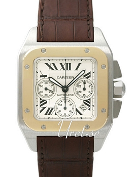 Cartier Santos 100 Silver Dial Steel/Yellow Gold Leather XL Chro Cartier Santos 100 Silver Dial Steel/Yellow Gold Leather XL Chro