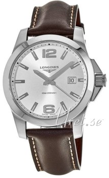 Longines Conquest Silver Dial Leather Strap Brown