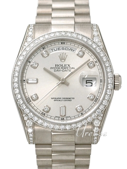Rolex Day-Date Silver Diamond Dial White Gold President Bracelet