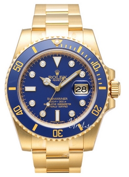 Rolex Submariner Yellow Gold Blue Dial Ceramic Bezel Diamond Ind
